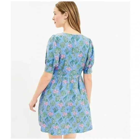 Loft Blue Floral Puff Sleeve Linen Blend Dress NEW Size 4T 4 Tall Short Sleeve - Picture 2 of 8